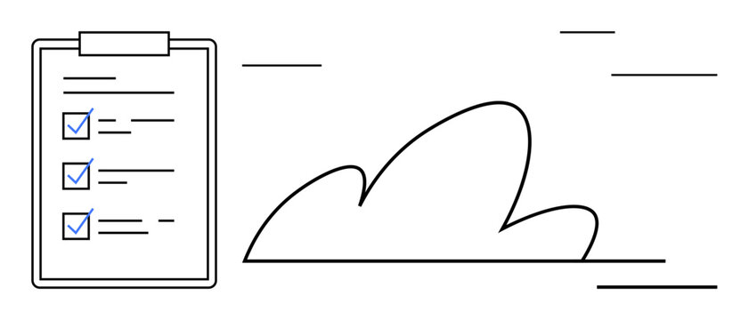 Minimalist illustration of a checklist on a clipboard next to a cloud. Ideal for productivity, task management, cloud solutions, organization, project planning, digital tools, simple flat metaphor
