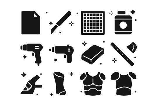 EVA Foam Armor Tools. EVA foam armor building. Solid icons set of EVA foam armor building: EVA foam sheet, craft knife, cutting mat, contact cement, heat gun,