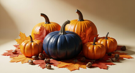 Group of gourd of orange and blue color with autumn leaf and acorn on plain background, representing the fall season and harvest time, perfect for decoration
