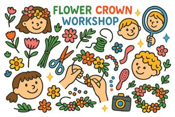 Obraz premium Flower Crown Fun. Flower crown workshop. Colorful Hand-drawn doodle Children illustration Flower crown workshop flowers, green stems, scissors, ribbon, wire,
