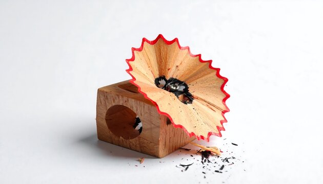 Wooden pencil sharpener and shavings on a white surface, lit brightly from the top right