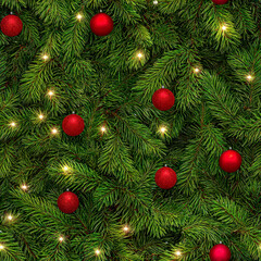Obraz premium Real Christmas Tree Camouflage Tiling Digital Paper Seamless Camo Background and Desktop repeating wallpaper Tree branch Textures with Ornaments and Christmas Color and White String Lights Pattern 