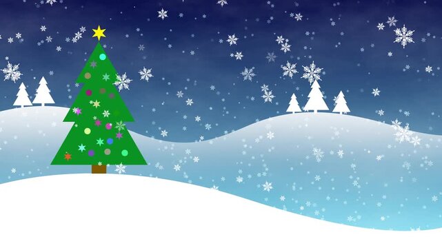 Christrmas tree in winter landscape, loopable animated xmas background with a simple cartoon decorated tree, falling snowflakes, and white snow drifts against a dark blue winter sky
