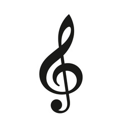 Black treble clef on white background, single isolated shape. Isolated treble clef represents a fundamental music symbol, often associated with melody, pitch, and musical notation.