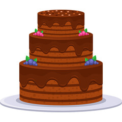 Three Tier Chocolate Cake With Berries and Drizzle Decoration On A White Plate Against A White Background