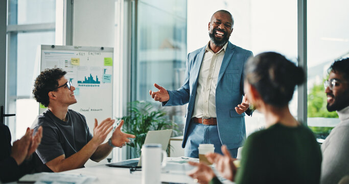 Presentation, applause and business people in office for planning with finance review of company. Clapping hands, whiteboard and financial advisors with investment data, graphs or charts in workplace
