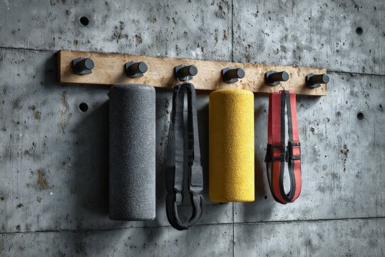 Colorful resistance bands neatly hung on wall pegs against textured concrete wall