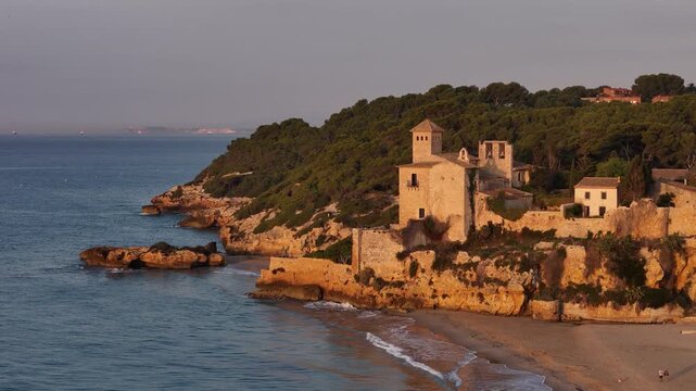 Tamarit, Spain- Mediterranean Village Beachfront at Dawn Flyover in Catalonia