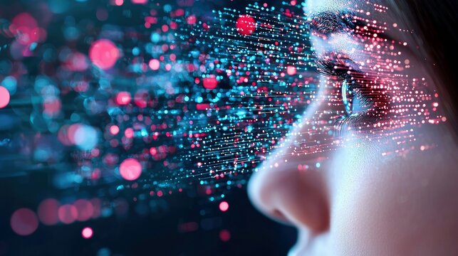 A close-up profile view of a woman's eye and nose, with a stream of glowing red and blue digital particles flowing towards it.