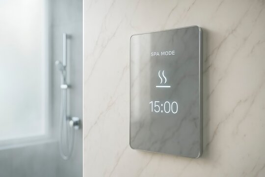 A modern smart shower control panel mounted on a marble wall. The display shows spa mode settings and a timer for 15 minutes. Ideal for a high-tech bathroom.