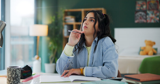 Home, thinking and woman with ideas, student and planning for assignment, school project and solution. Phd research, university and person with contemplation, problem solving and learning with memory