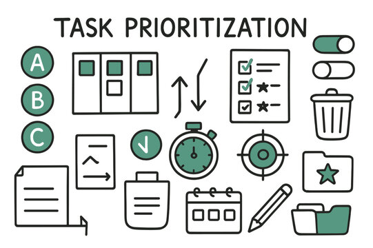 Task Prioritization Doodles. // Task prioritization. Hand-drawn doodle illustration Task prioritization [A/B/C labels (accented), kanban board (accented),