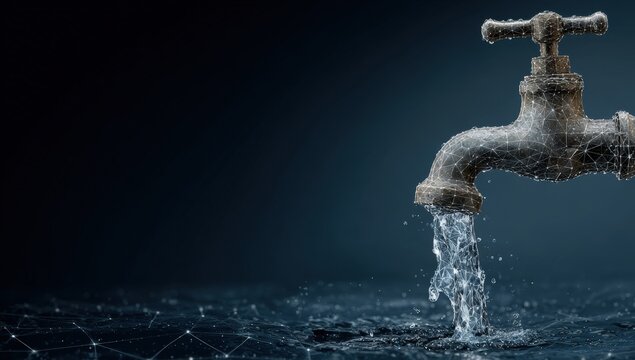 Digital line art of a water tap with flowing water and network connections on blue background