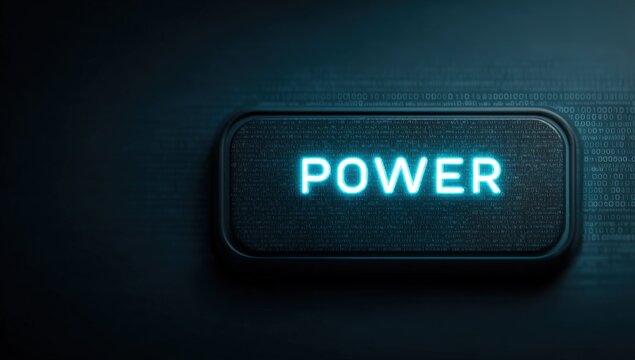 Hand-drawn power button glowing with blue neon light on dark technology background