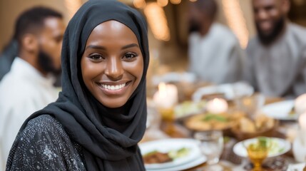A Muslim family enjoys traditional food during a festive gathering, sharing laughter and smiles. The atmosphere is filled with love, joy, and the warmth of togetherness