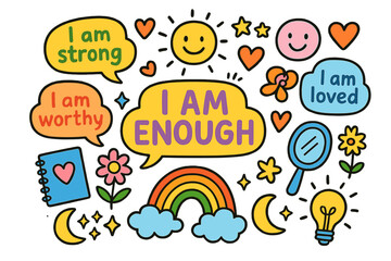 Colorful Affirmation Doodles. Affirmations. Colorful Hand-drawn doodle Children illustration Affirmations speech bubbles, hearts, ?I am enough? text, sunshine,