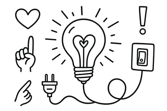 Doodled Light Bulb Icons. Light bulb. Hand-drawn doodle illustration light bulb glowing bulb, filament, idea symbol, spark lines, plug, switch, socket, wire,