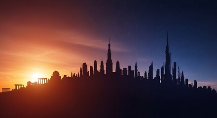 Ancient ruins and futuristic skyline silhouette at sunset under a starry sky