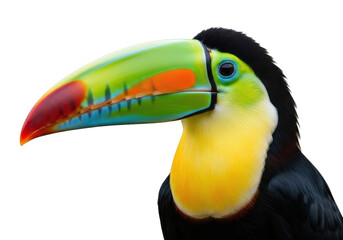 Obraz premium Stunning close-up of a vibrant toucan's head showcasing its iconic colorful beak and bright plumage, perfect for nature and travel themes.