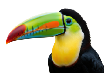 Stunning close-up of a vibrant toucan's head showcasing its iconic colorful beak and bright plumage, perfect for nature and travel themes.