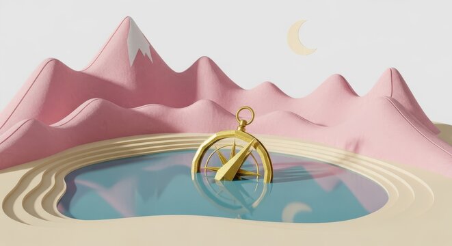 Golden compass submerged in water with pink mountains and moon