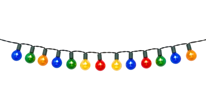Colorful string of christmas lights with large bulbs on a black background isolated on transparent background