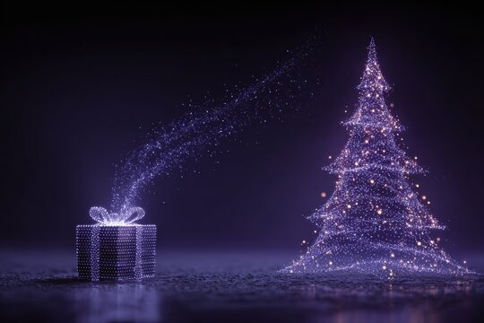Glowing low-poly Christmas tree with gift box on purple geometric background - Powered by Adobe