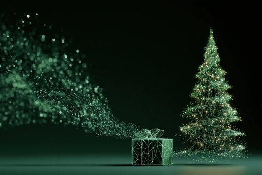 Glowing low-poly Christmas tree with gift box on green polygonal background - Powered by Adobe