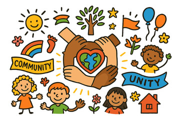 Unity Circle Doodle. Community unity. Colorful Hand-drawn doodle Children illustration Community unity circle of hands, heart globe, tree of peace, banners,