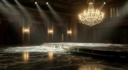 Grand presentation stage with shining marble floor and crystal chandelier