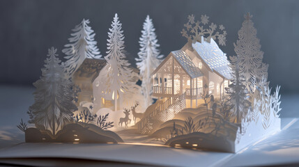 Paper art winter village scene with illuminated house and trees creating cozy festive atmosphere
