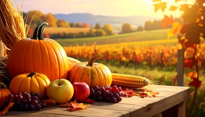 Autumn Harvest Bounty - Pumpkins, Apples, and Grapes in a Golden Landscape.