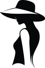 Fashionable Woman Silhouette in Wide Brim Hat Illustration on Transparent Backdrop