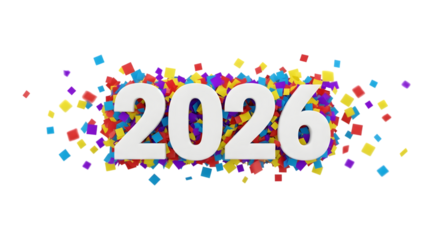Happy new year 2026 celebration with colorful confetti isolated on transparent background