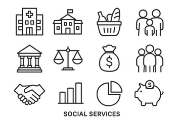 Fototapeta premium Social Services Icon Set. Social services. Line icon set of social services: hospital, school, food basket, family, government building, scale balance, money