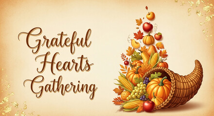 Cornucopia of autumn harvest with fruit, vegetables, and leaf. Represents abundance and thankfulness, perfect for Thanksgiving celebration theme