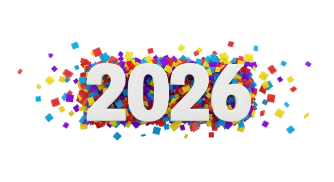 Happy new year 2026 celebration with colorful confetti isolated on transparent background - Powered by Adobe