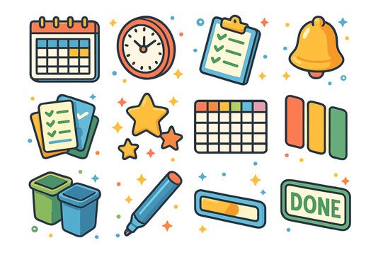 Colorful Cleaning Icons. Cleaning routine schedule. Colorful isometric vector icons set of Cleaning routine schedule: wall calendar, clock, checklist, reminder