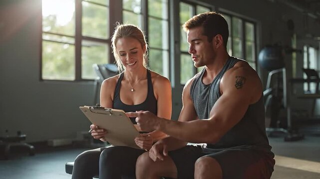Dedicated Personal Trainer Discussing Fitness Plan with Smiling Female Client on Clipboard in a Modern Gym for Health and Wellness Goals