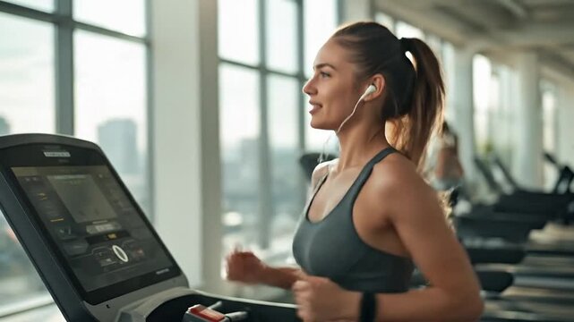 Energetic Young Woman Running on Treadmill in a Modern Gym with Earbuds, Focused on Her Workout and Healthy Lifestyle