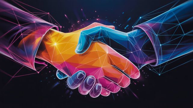 Abstract digital art illustration of two hands shaking with geometric polygonal patterns and glowing network lines in vibrant orange pink and blue colors on a dark background - Powered by Adobe