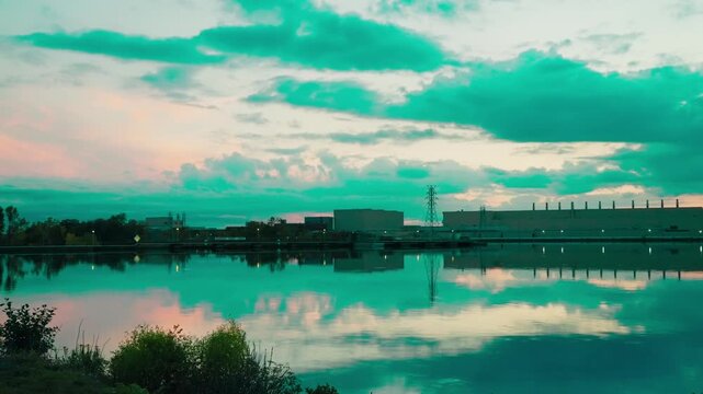 Large pulp and paper mill with a large river in the foreground, with complex machinery, tanks, and white-green clouds