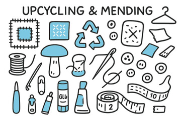 Upcycling Doodle Icons. // Upcycling & mending. Hand-drawn doodle illustration upcycling & mending [patchwork square (accented), visible mending sashiko