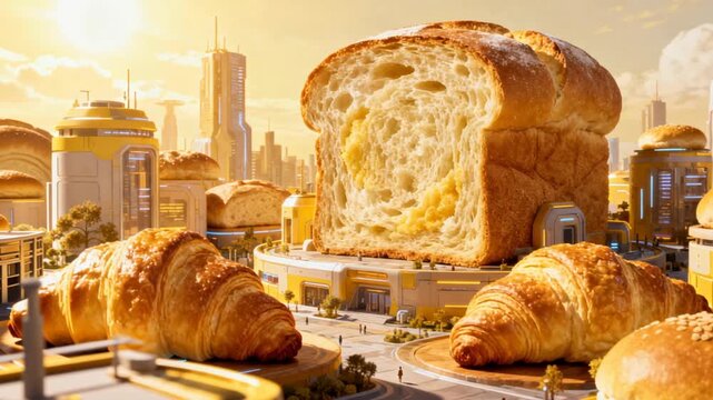 Futuristic Cityscape with Giant Bread and Croissants