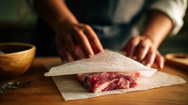 Chef preparing raw meat on wooden board wrapping it in parchment paper under warm kitchen light ideal for culinary blogs, recipe visuals and cooking tutorials