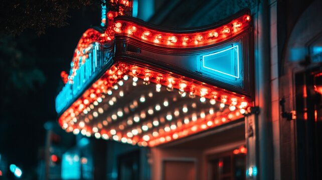 Vintage theater marquee with glowing red and blue neon lights at night. Perfect for nightlife, cinema, entertainment, urban culture, and retro design themes.