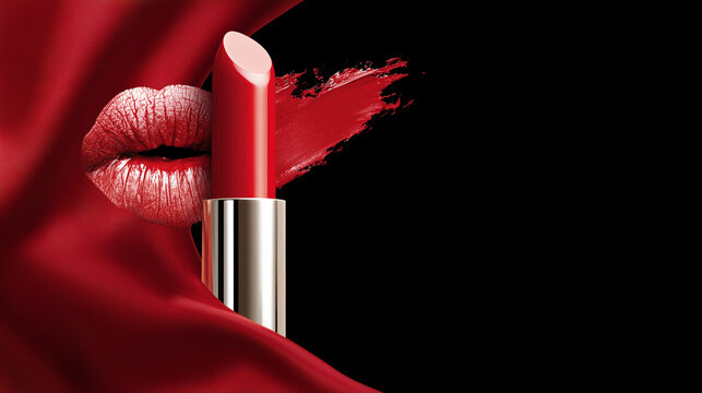 Red lipstick, lip print, and lipstick stroke on a luxurious red silk background. Concept of beauty, makeup, style, femininity, cosmetics, and glamorous advertising