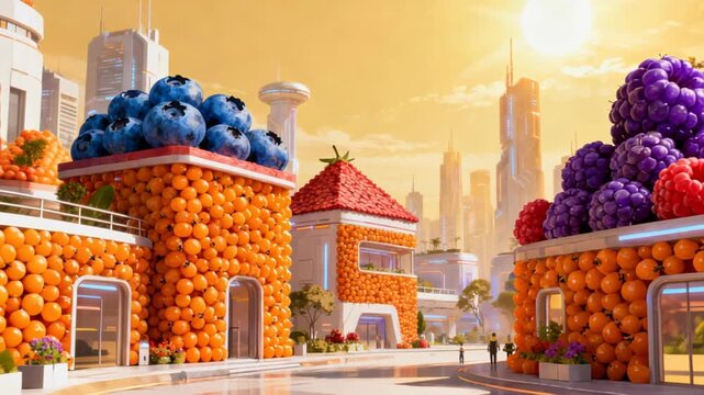 Futuristic Berry Cityscape with Fruit Buildings