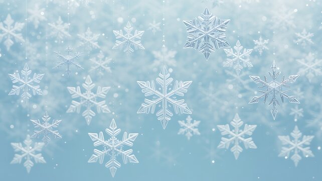 Delicate snowflakes falling gently on blue background creating a winter wonderland