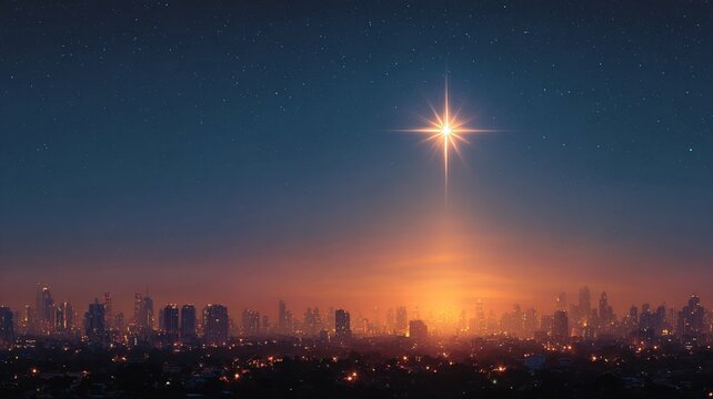 Bright Christmas christian star shining over a glowing city skyline at night. Symbol of hope, faith, and holiday spirit. Perfect for Christmas cards, nativity, and festive design themes. - Powered by Adobe